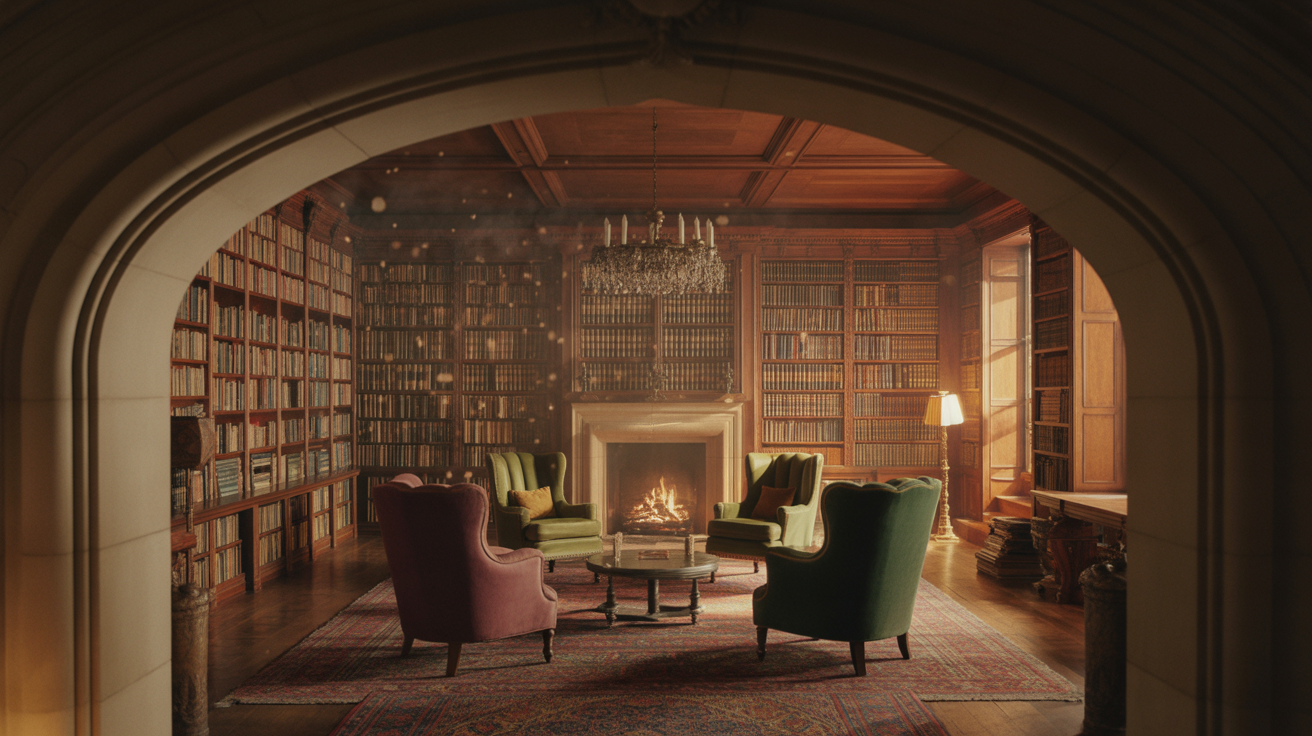 Cozy Library with Stone Archway