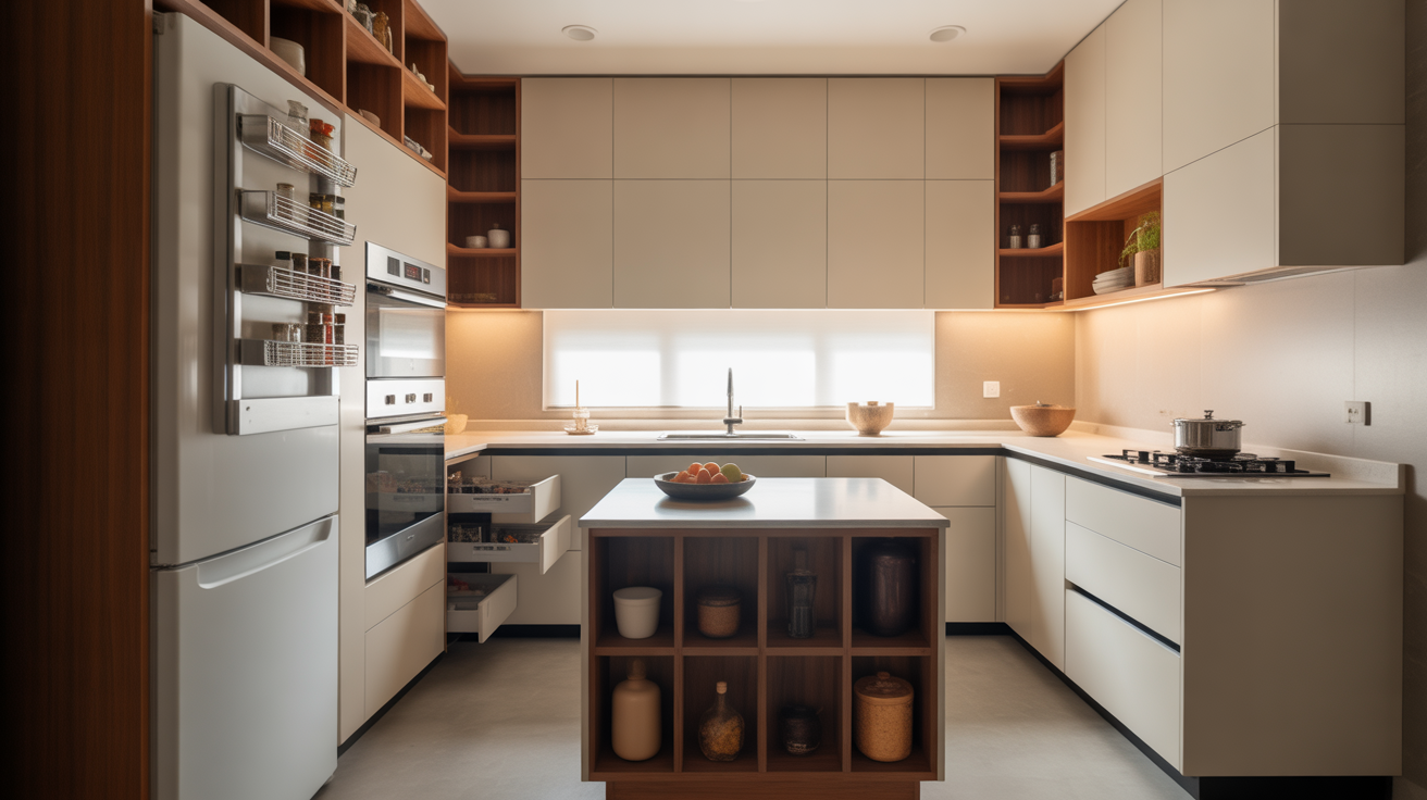 a photograph of a compact modern kitchen fOrPCJWIS KA ZQg